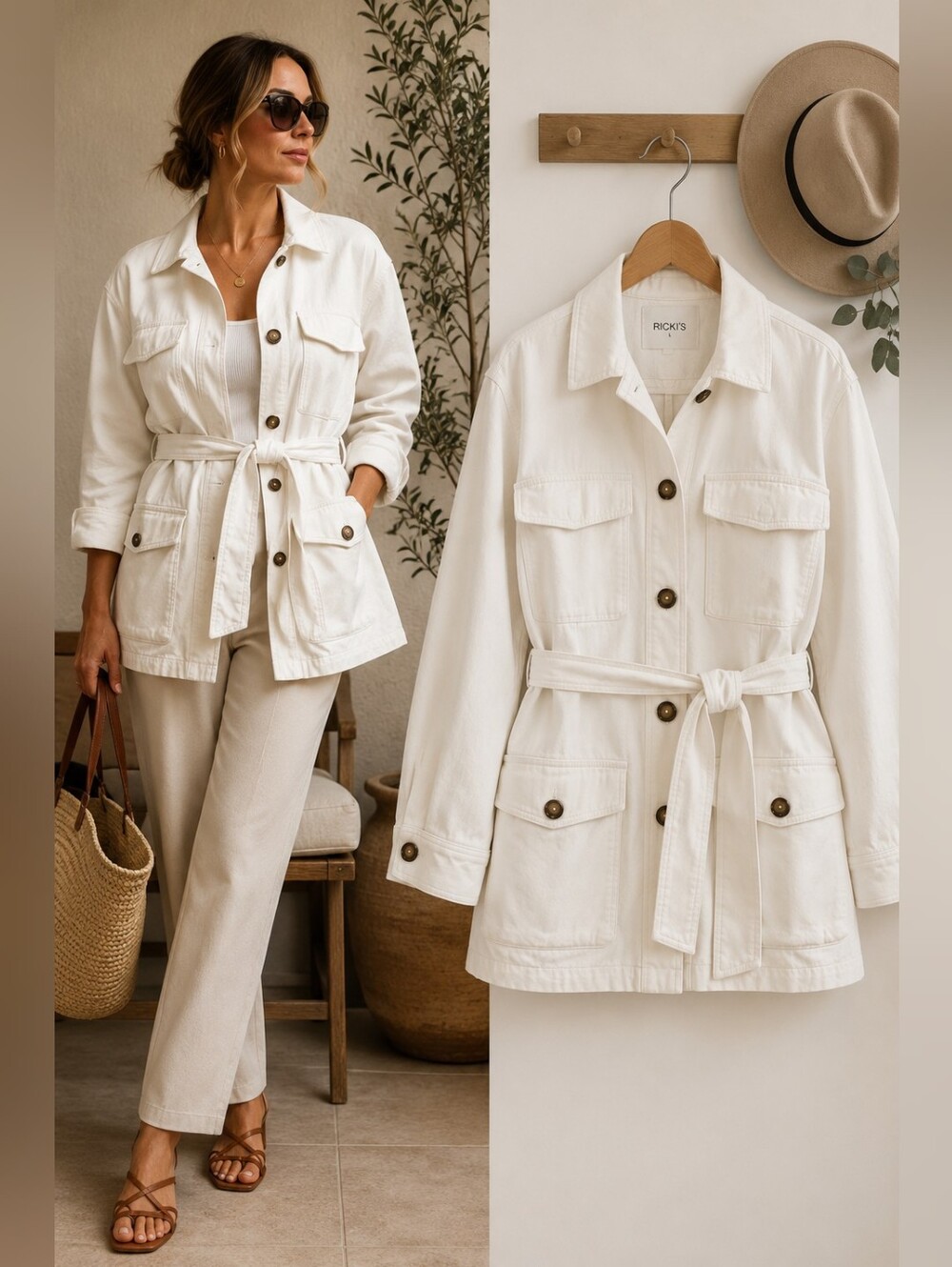 Ricki's Belted Safari Utility Jacket L White Heavyweight Cotton Twill Oversized